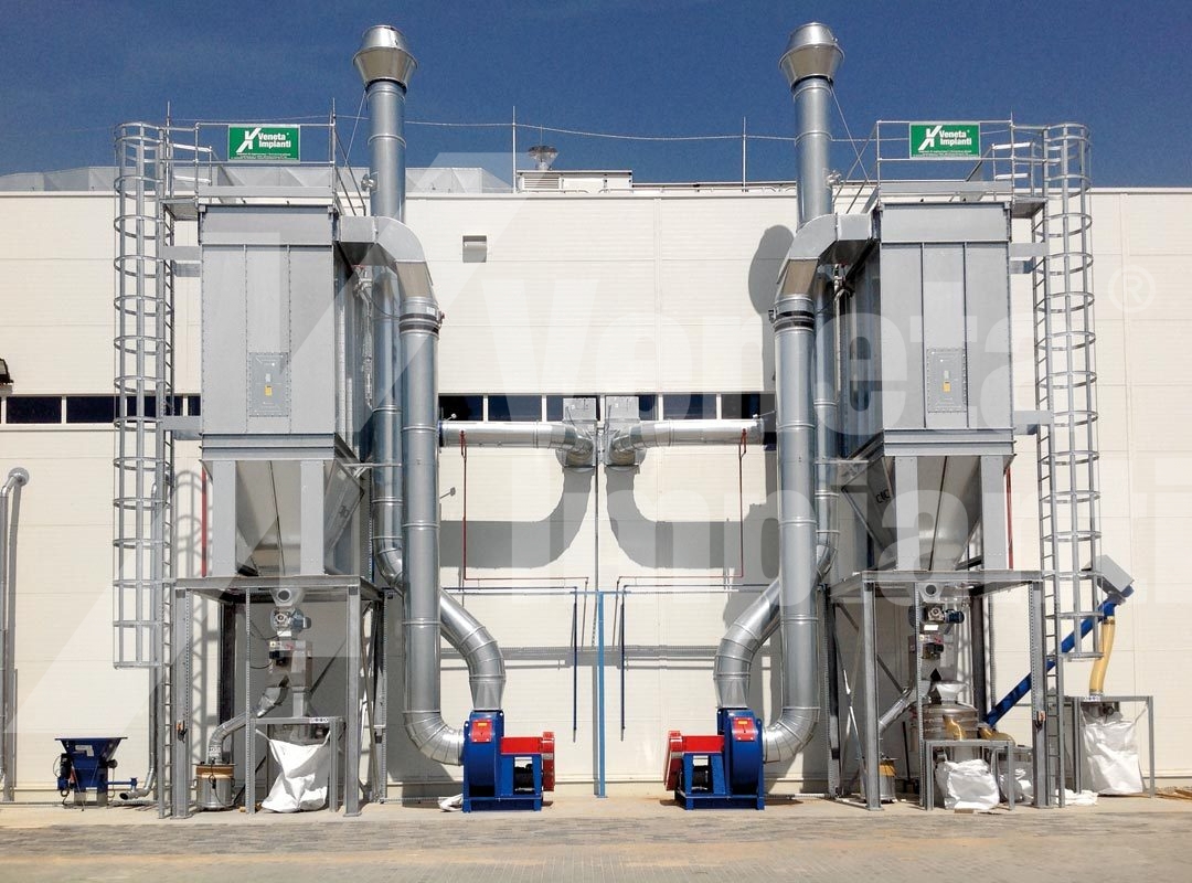 Impianto aspirazione e filtrazione linea riciclaggio pneumatici